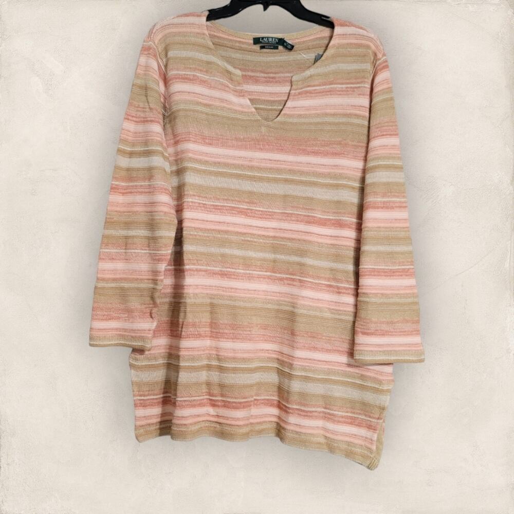 Lauren Ralph Lauren Tan Pink White Striped Linen Blend Tunic Sweater Size XL